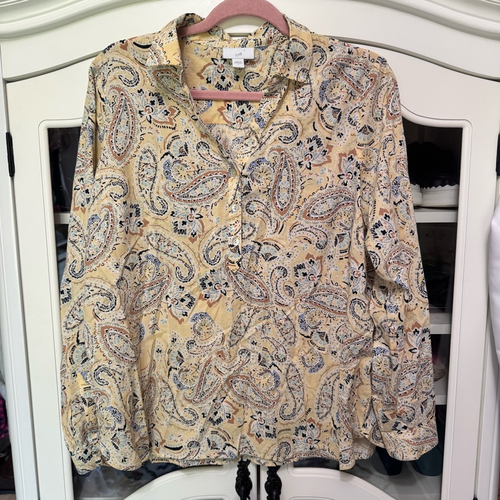 J. Jill Women Popover Top Paisley Shirt Yellow Cotton Collared Long Sleeve